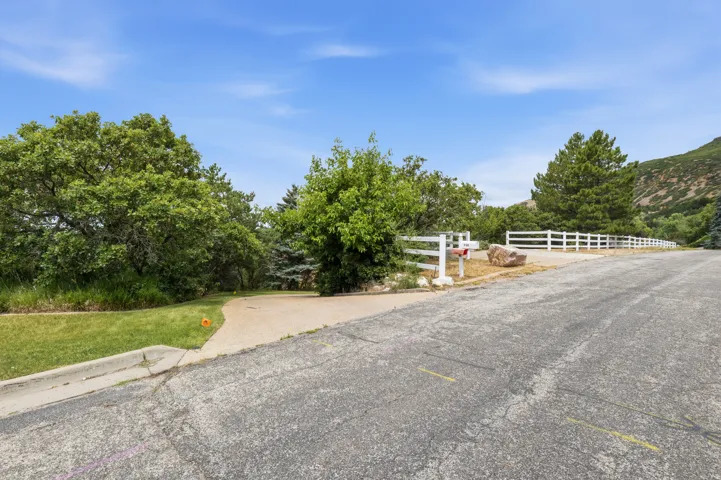 Paved driveway entrance with a white picket fence, mature trees, and a mountain backdrop