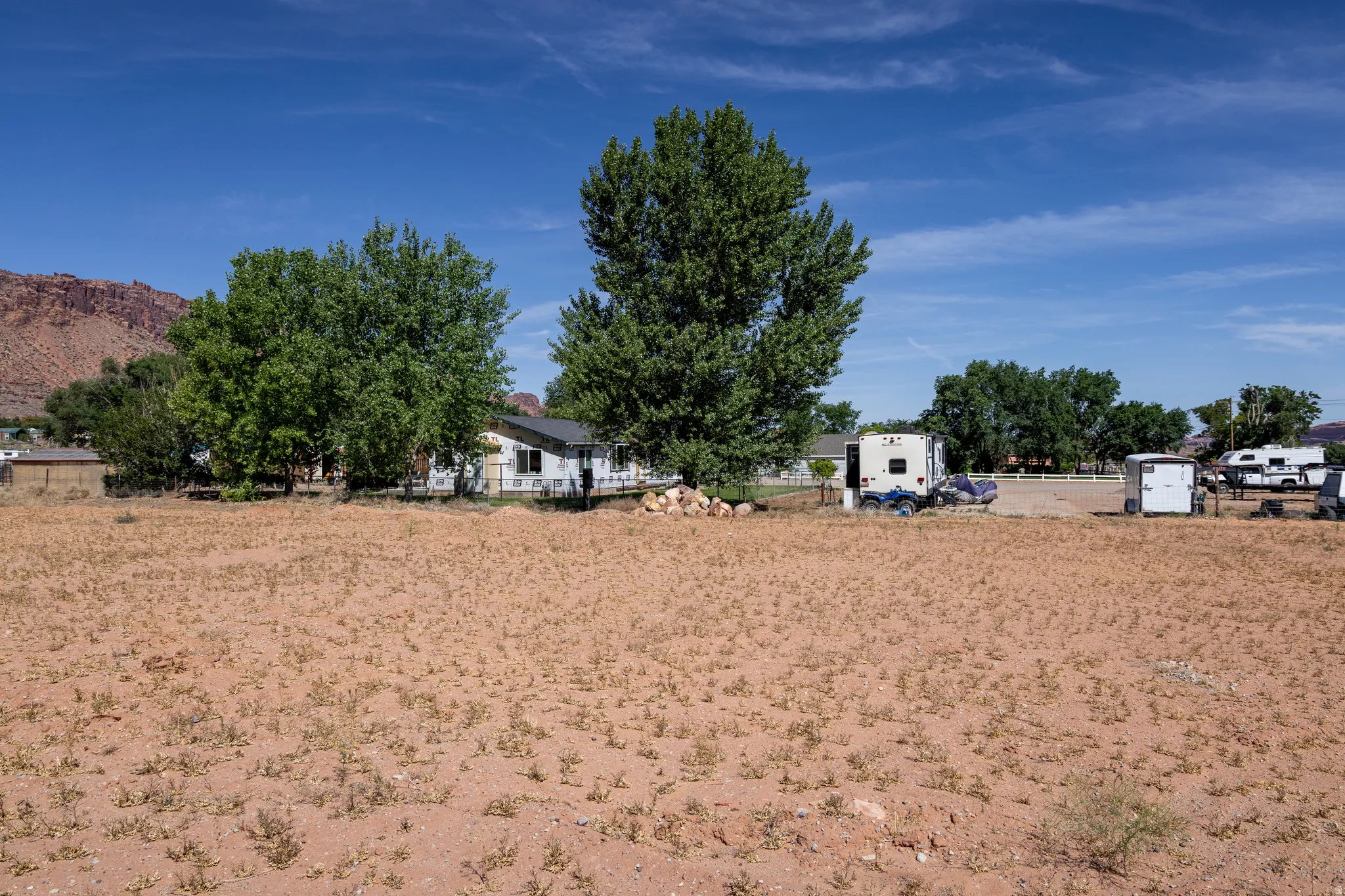 Expansive open lot with scattered ground cover, bordered by mature trees