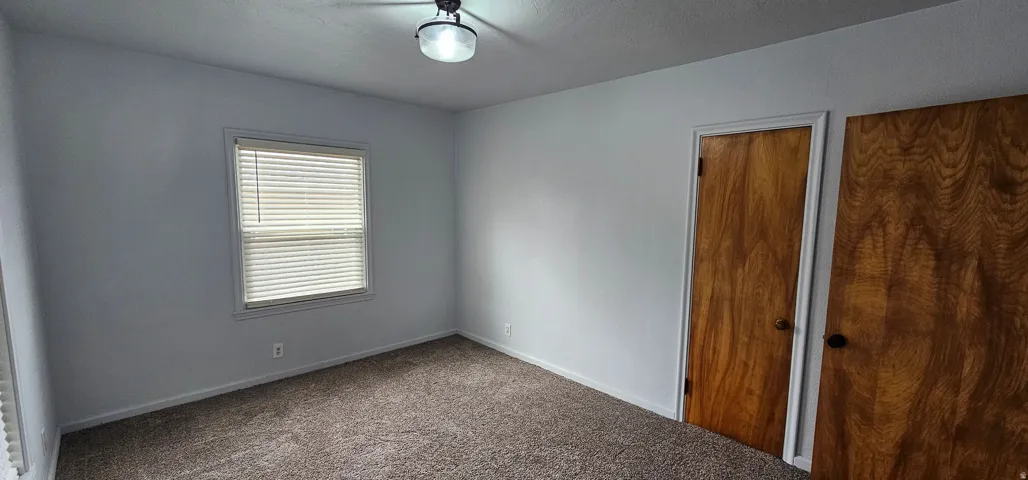 Carpeted room featuring a window with horizontal blinds, light-colored walls, wood-paneled doors, and a ceiling-mounted light fixture