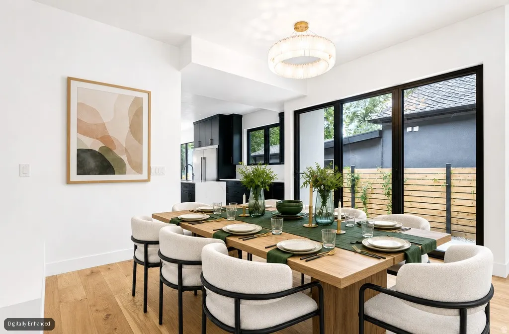 Dining area featuring wood-finish flooring, a contemporary chandelier, and large black-framed windows