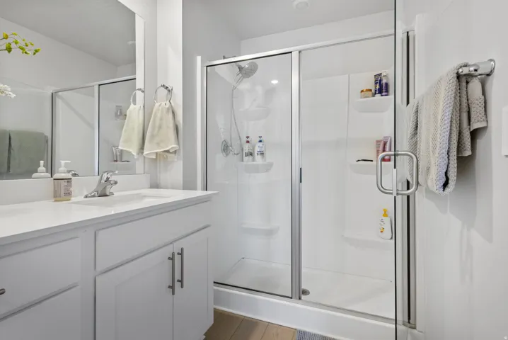 Modern bathroom featuring a glass-enclosed shower with integrated shelving, a sleek single-sink vanity with a light-toned countertop, and wood-finish flooring