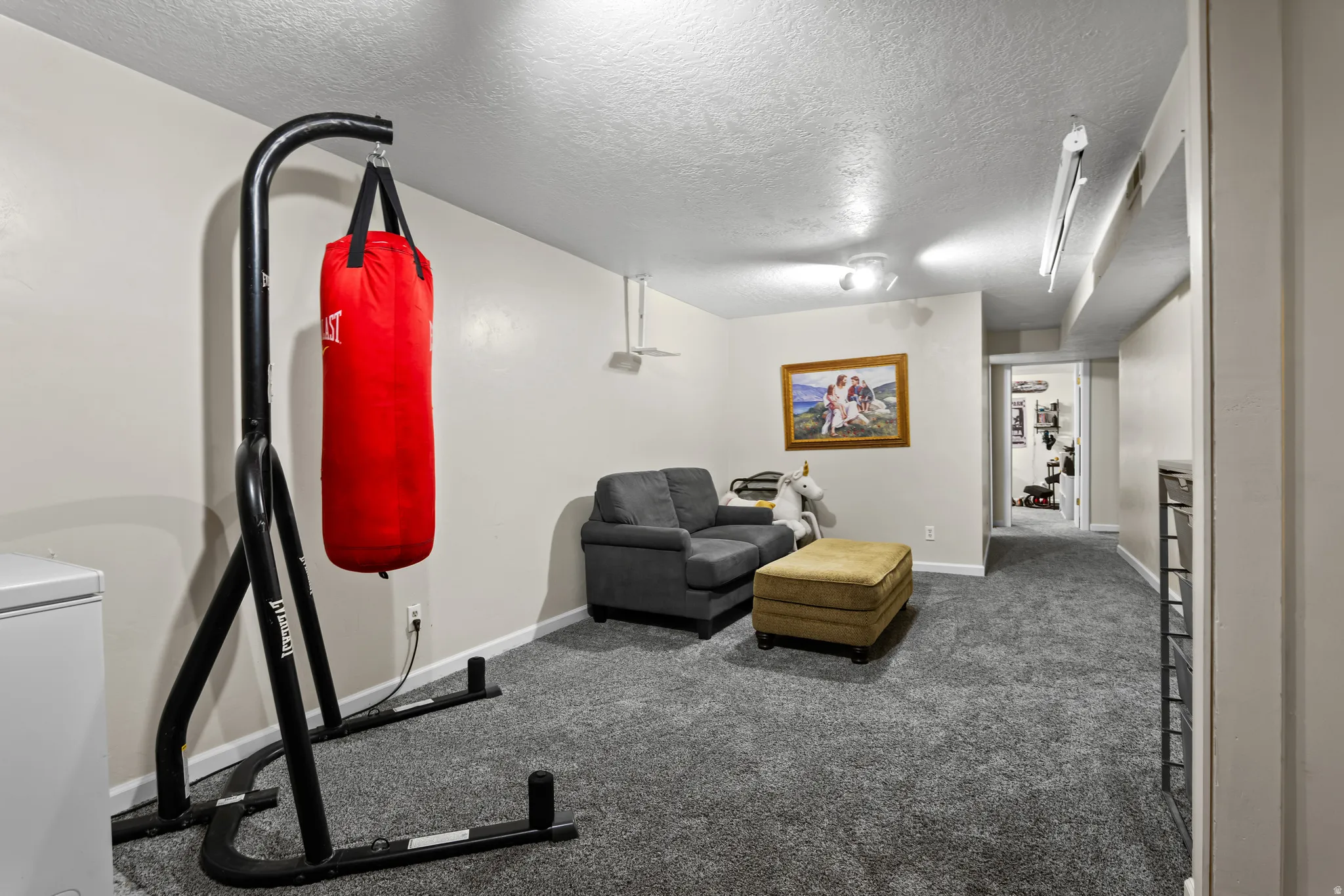 Carpeted recreation area with light-toned walls and ceiling, featuring recessed lighting and a built-in fluorescent light fixture