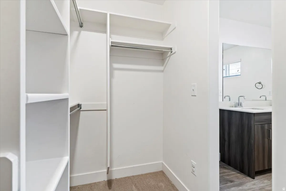 Walk-in closet featuring built-in shelving, chrome hanging rods, and neutral-tone carpeting