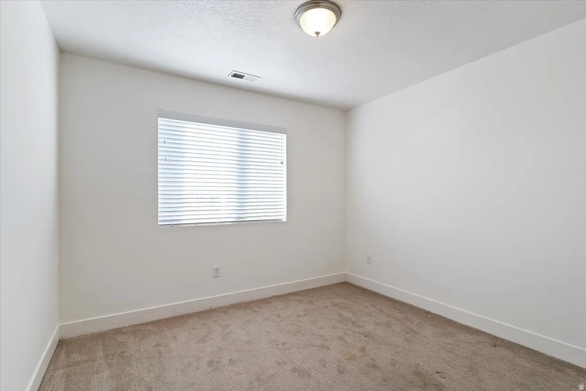 Neutral-toned carpeting paired with white walls, a single window featuring horizontal blinds, and a flush-mount ceiling light fixture