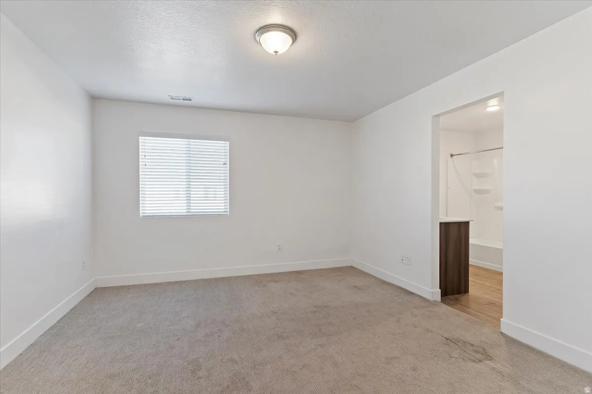 Carpeted room with a single window, white walls, and a ceiling-mounted light fixture