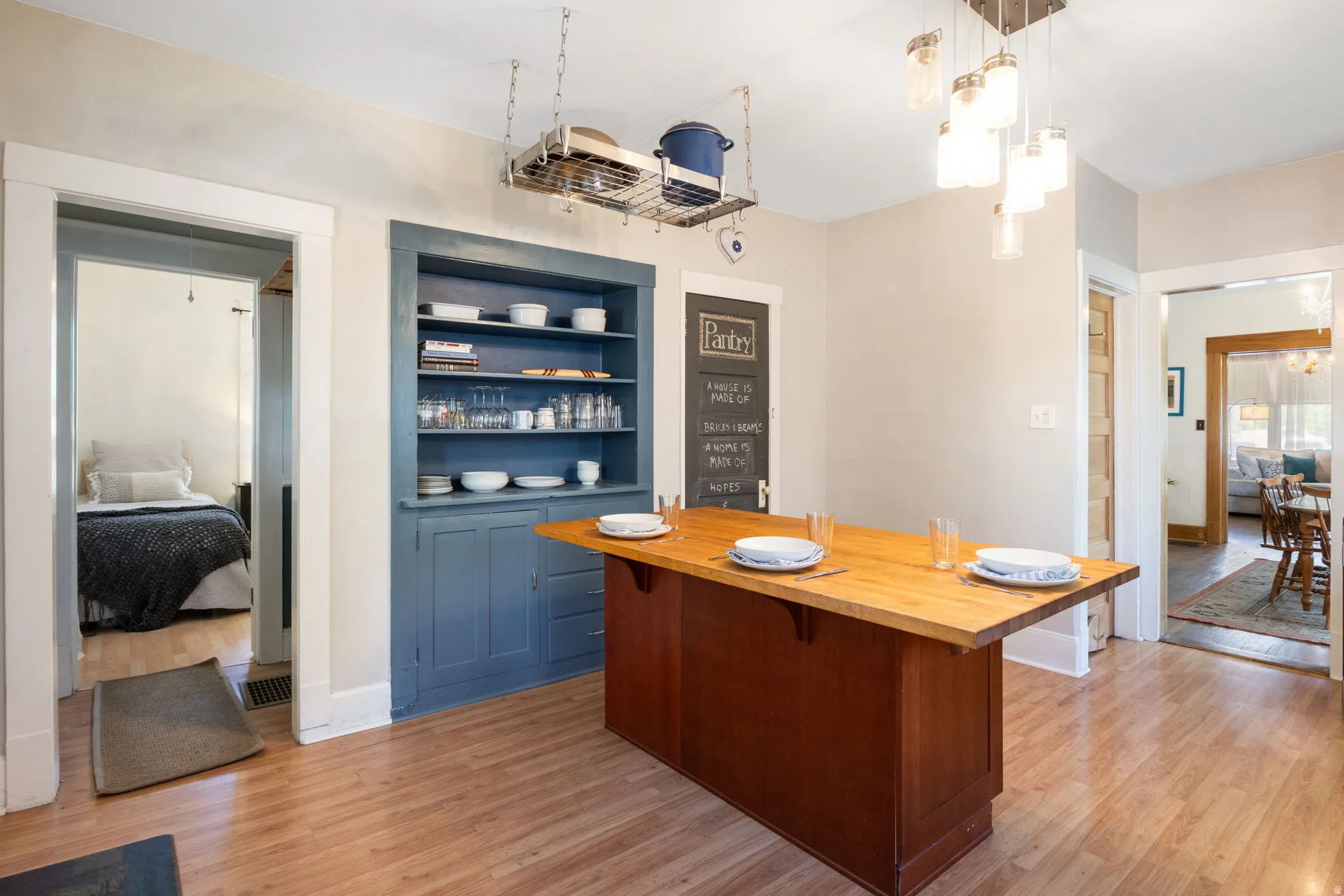 Kitchen island with a light wood countertop