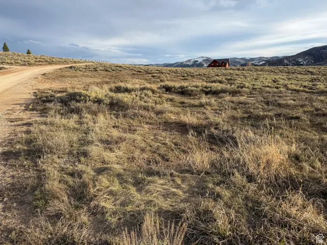 Expansive natural landscape with a gravel path, distant residential structure, and mountain backdrop