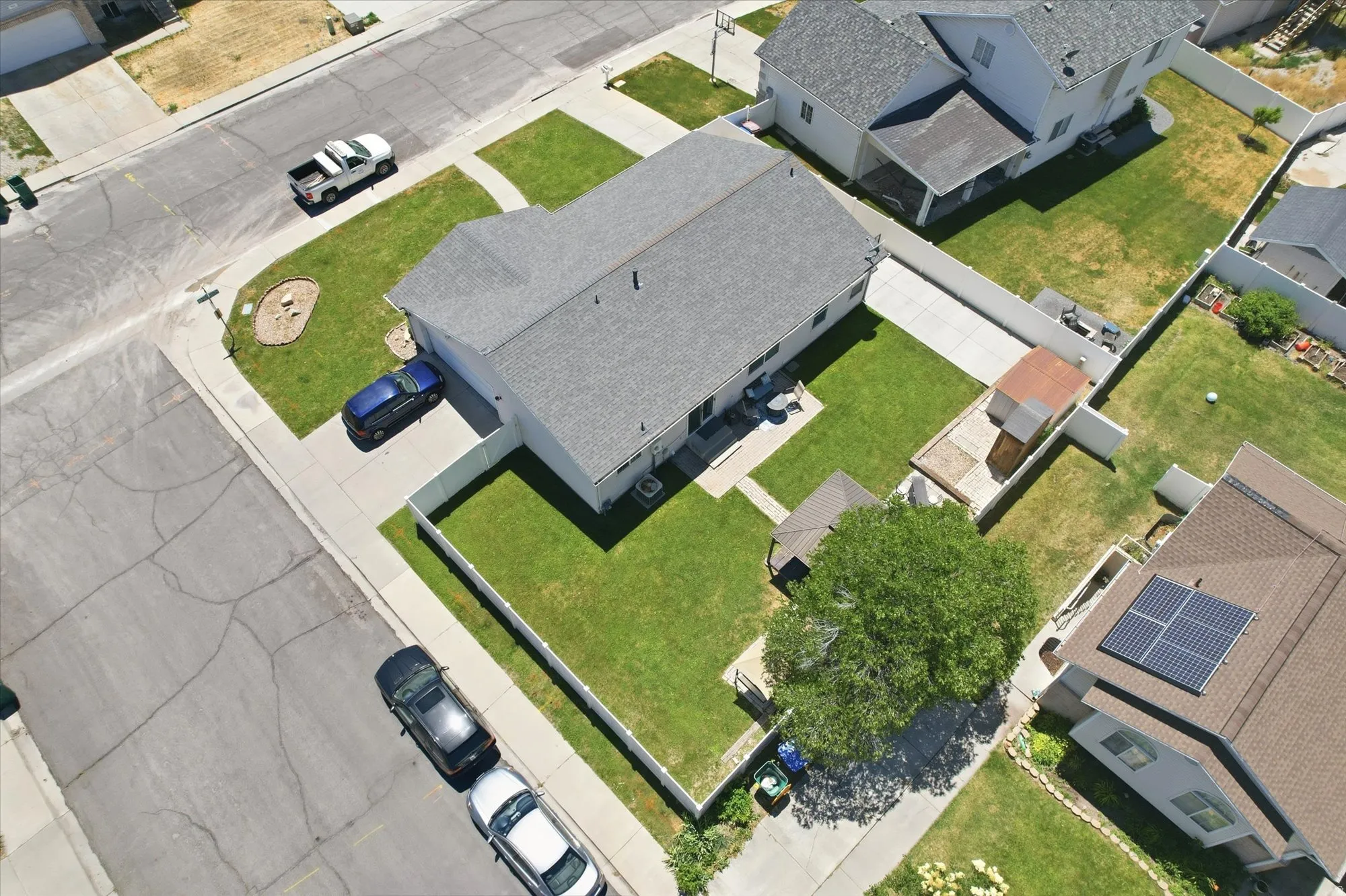 Expansive property featuring a spacious backyard, mature shade tree, and privacy fencing