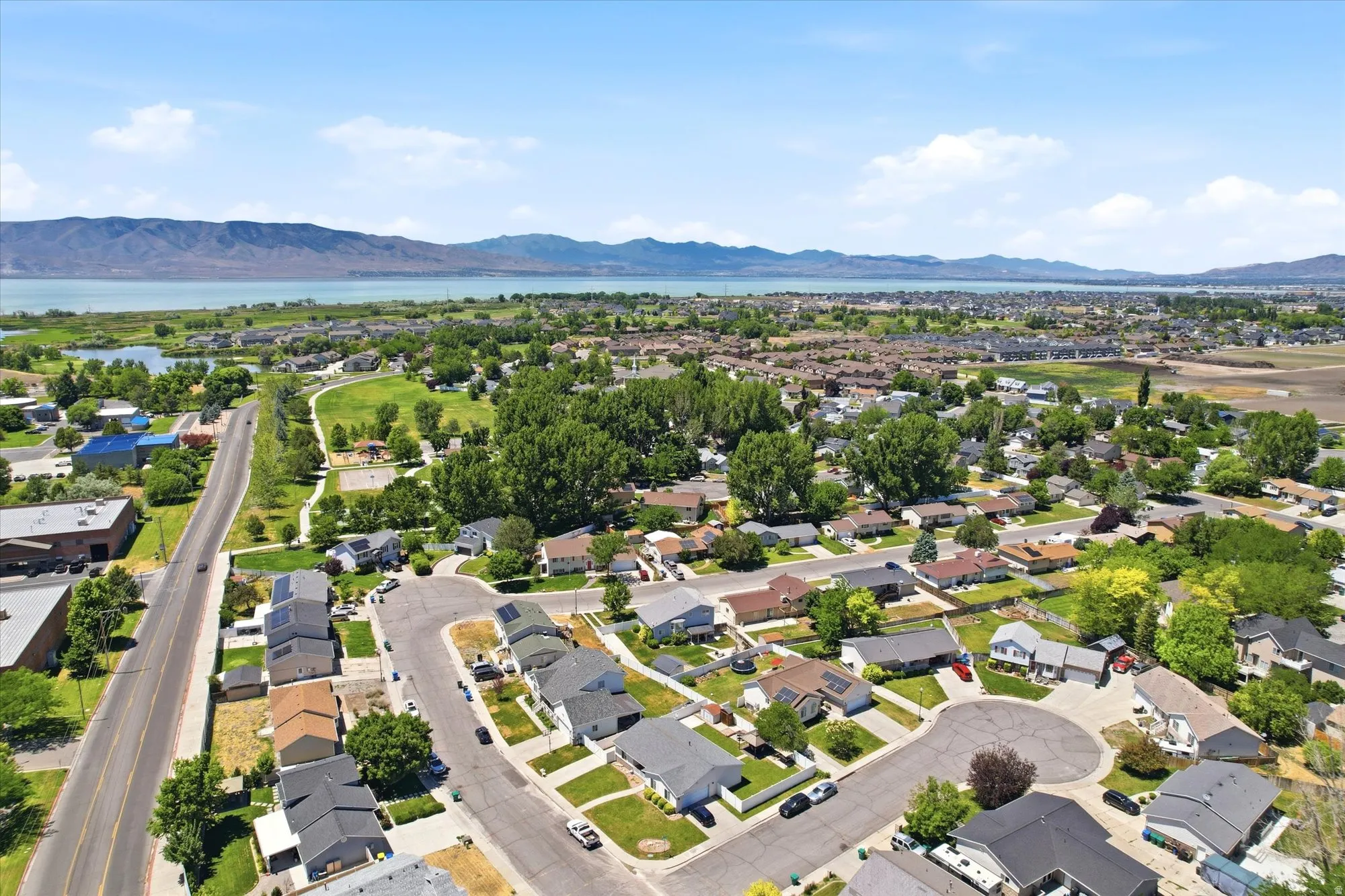Overhead perspective showcasing a residential neighborhood with varied architectural styles, mature trees, and a distant body of water