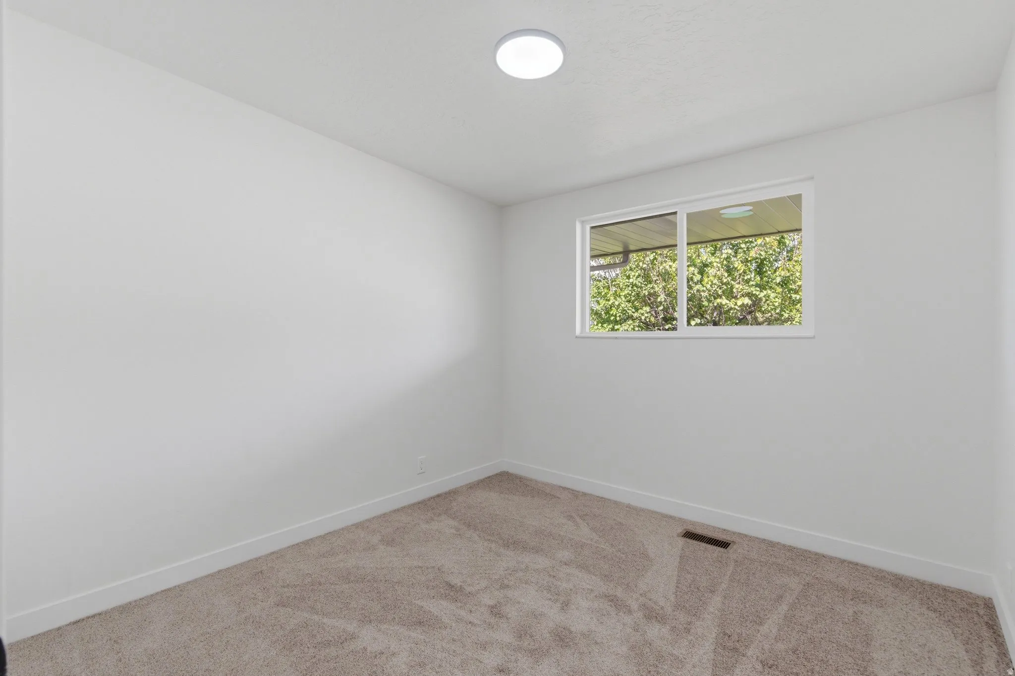 Neutral-toned carpet flooring and white walls with baseboards