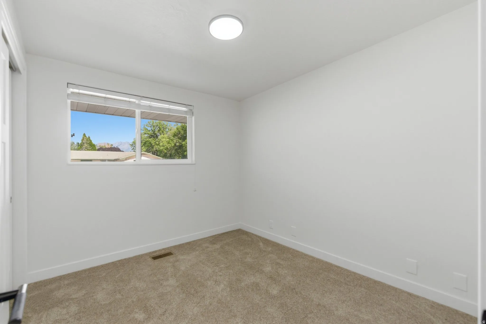 Room featuring light-colored carpet flooring, white walls, and a white ceiling with a flush-mount light fixture