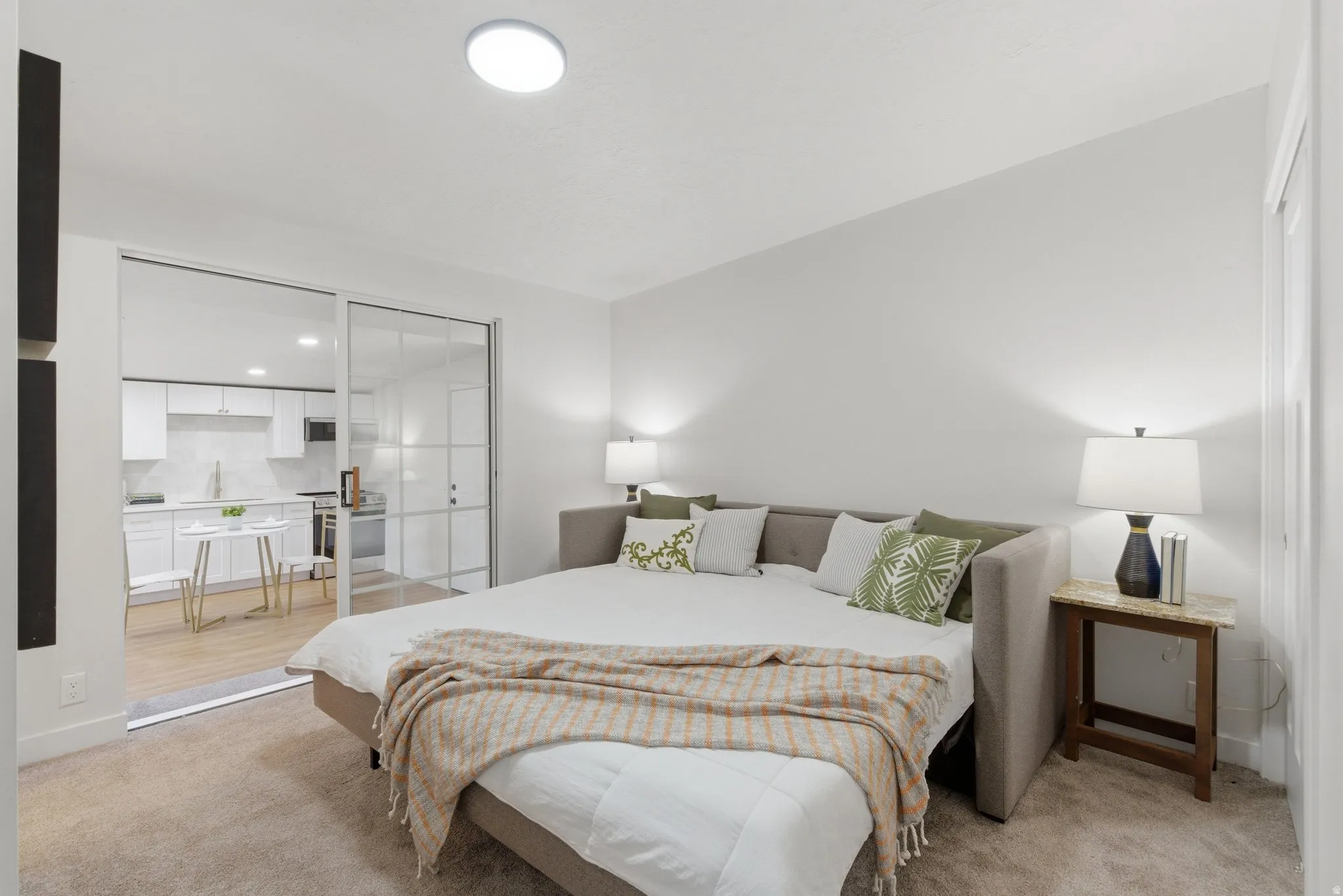 Carpeted interior space featuring a ceiling-mounted light fixture
