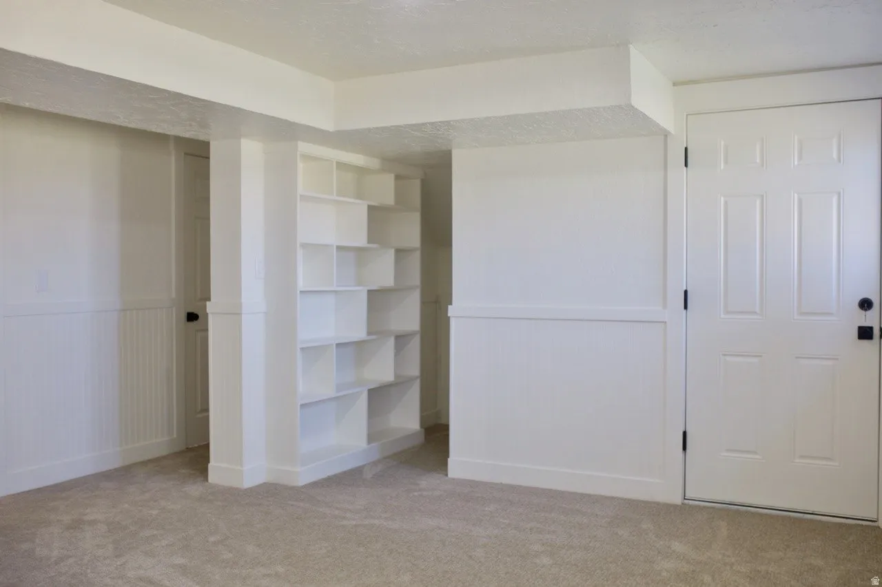 Versatile room featuring built-in shelving, plush carpeting, wainscoting, and crisp white trim