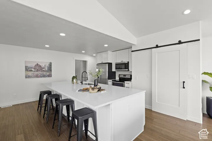 Spacious kitchen featuring a large island with an integrated sink, stainless steel appliances, white cabinetry, and wood-finish flooring