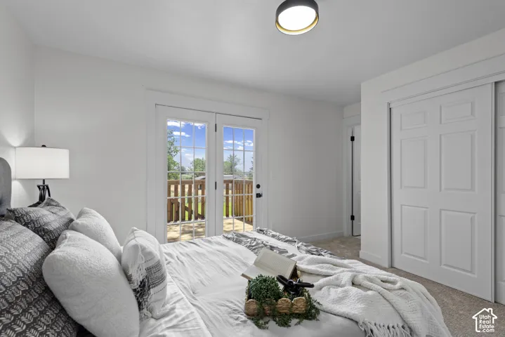 French doors with external patio access, panel closet doors, ceiling-mounted light fixture, and neutral carpeting