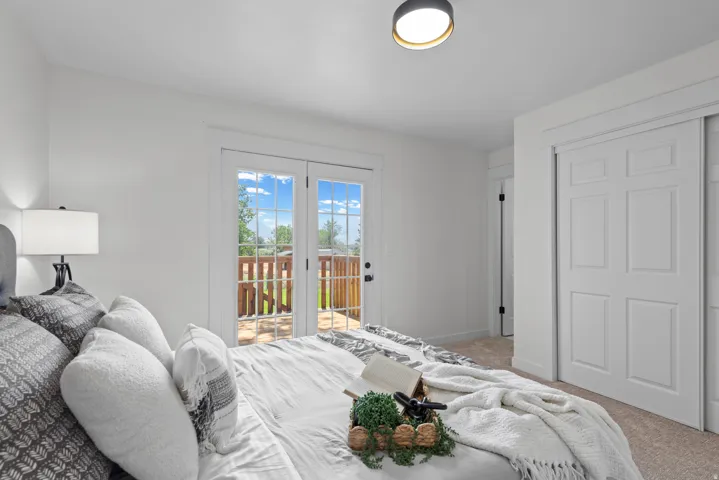 French doors with external patio access, panel closet doors, ceiling-mounted light fixture, and neutral carpeting