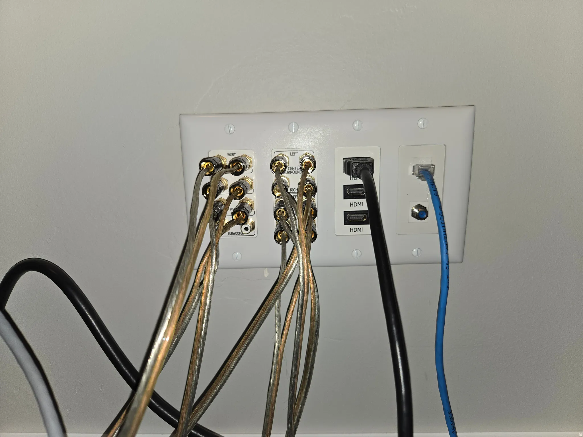 Integrated media panel featuring HDMI, Ethernet, and multi-channel audio connections