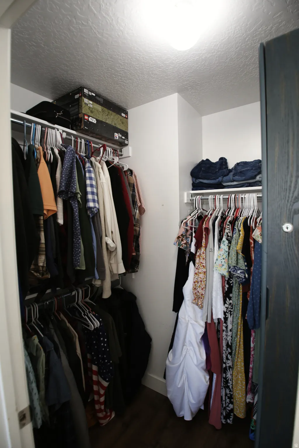 Walk-in closet featuring wood-finish flooring, white walls, and a ceiling-mounted light fixture