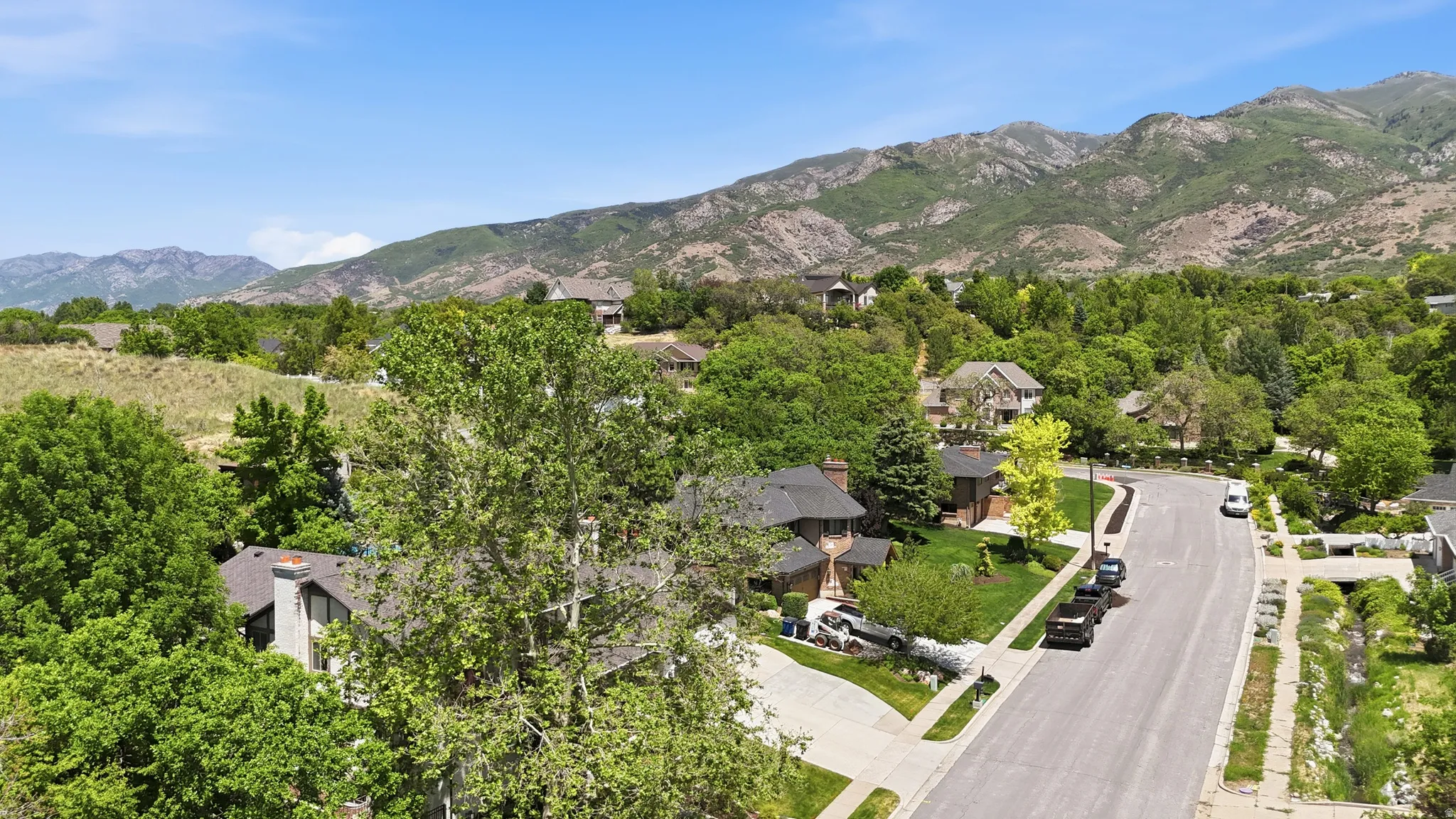 Residential street with mature landscaping and mountain backdrop