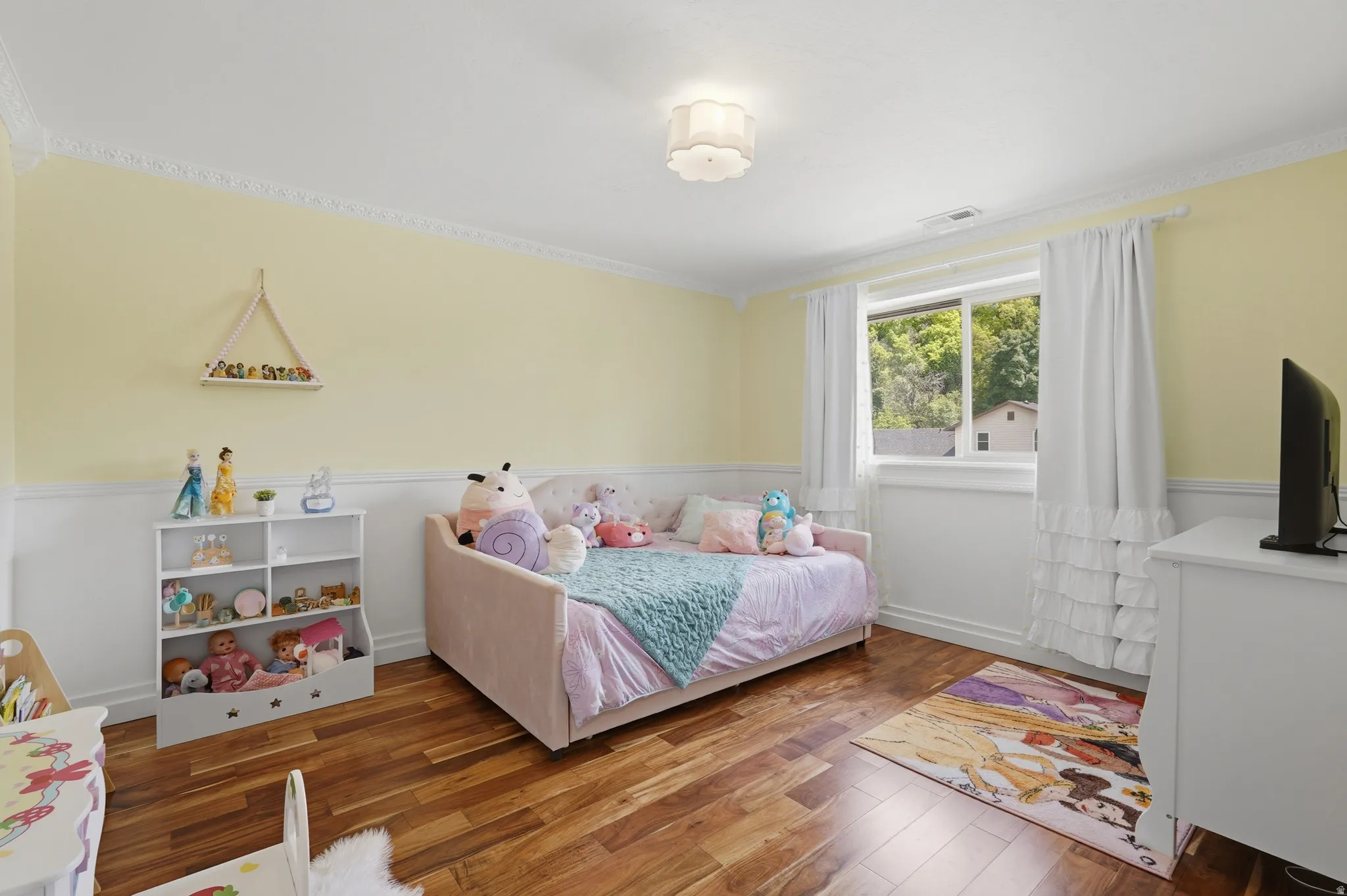 Interior room with wood-finish flooring, white wainscoting, and crown molding