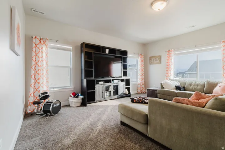Spacious room with plush gray carpeting, multiple large windows, and a built-in media console
