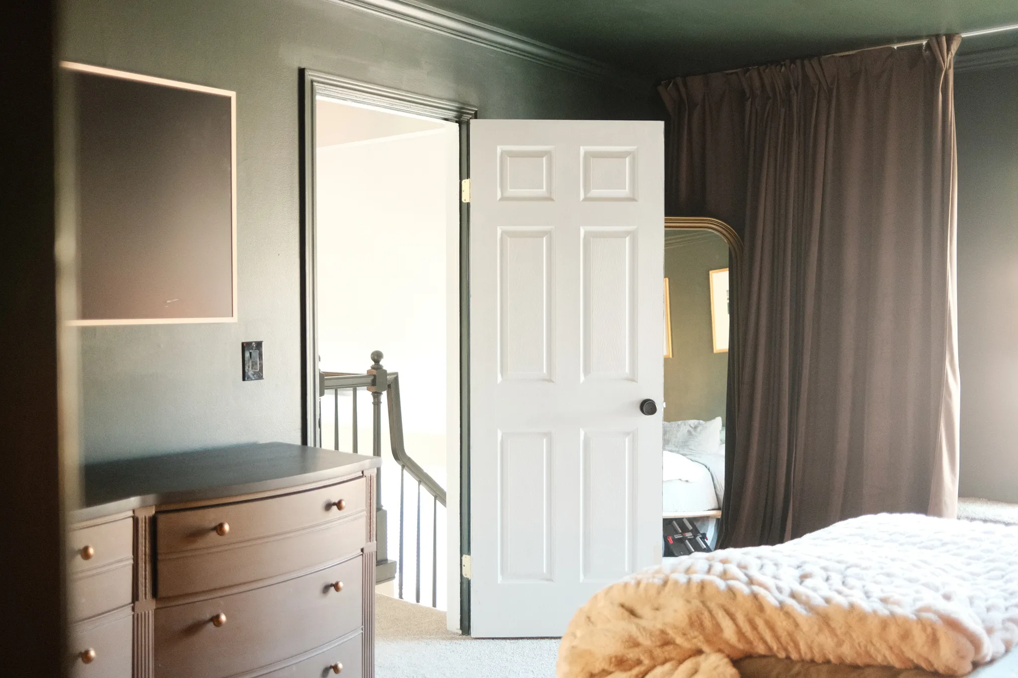Interior room featuring dark green walls, white six-panel door with matte black hardware, and light-colored carpeting