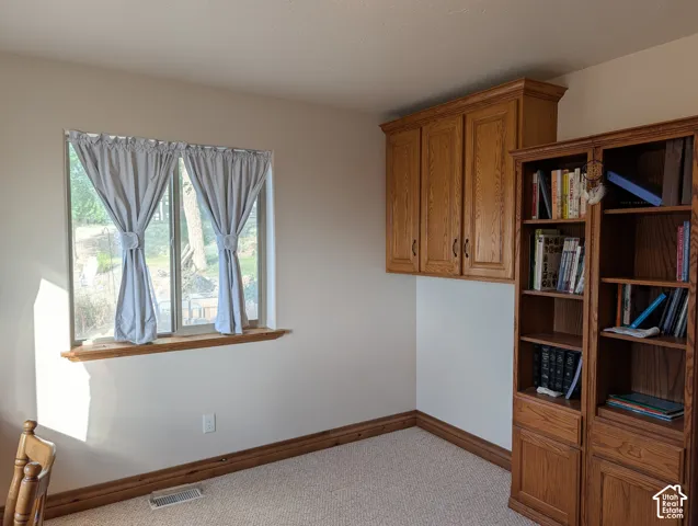 Built-in wood cabinetry and shelving provide organizational solutions