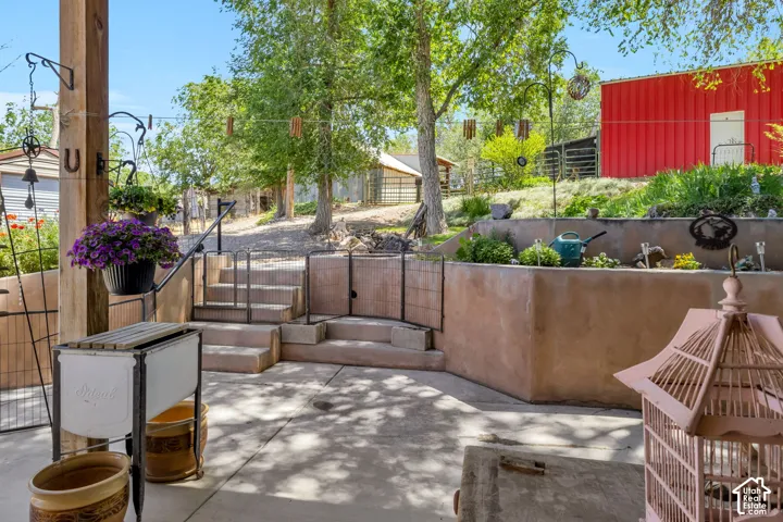Concrete patio with tiered steps and integrated planters