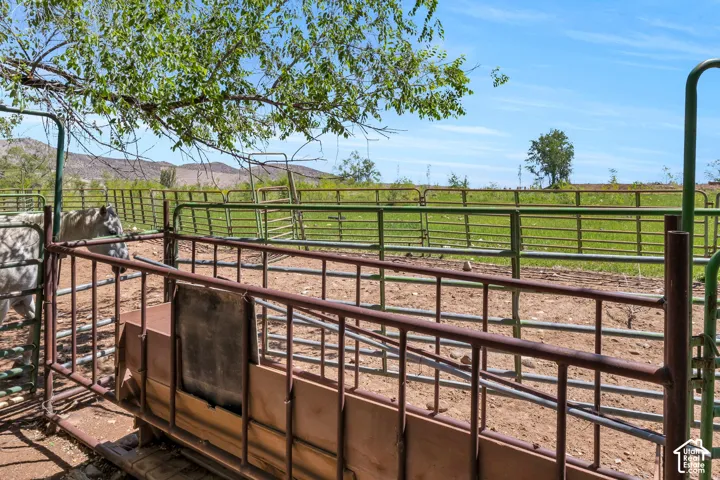 Outdoor pen system featuring metal fencing and an integrated feed trough