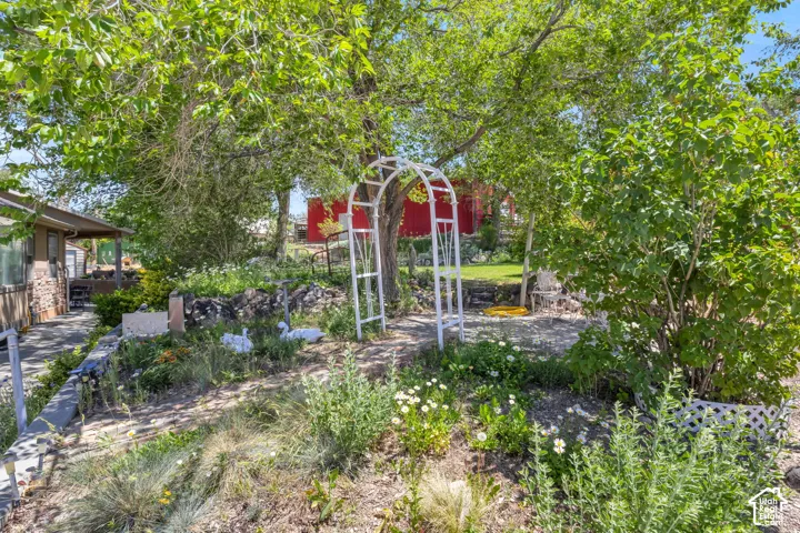 Garden area featuring a white arched arbor, established trees, various plantings, and a stone retaining wall