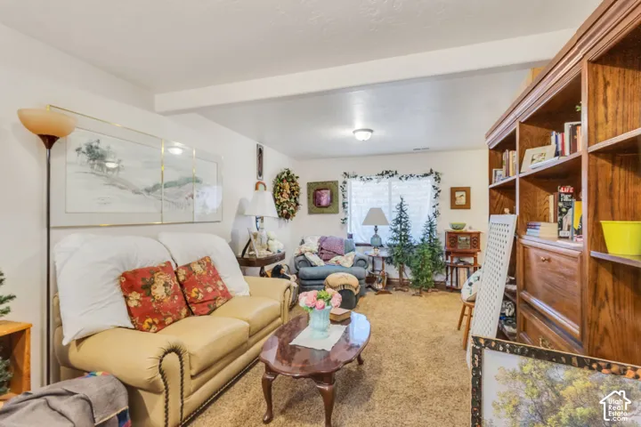 Lower-level living area featuring neutral wall paint, carpeted flooring, and exposed ceiling beams