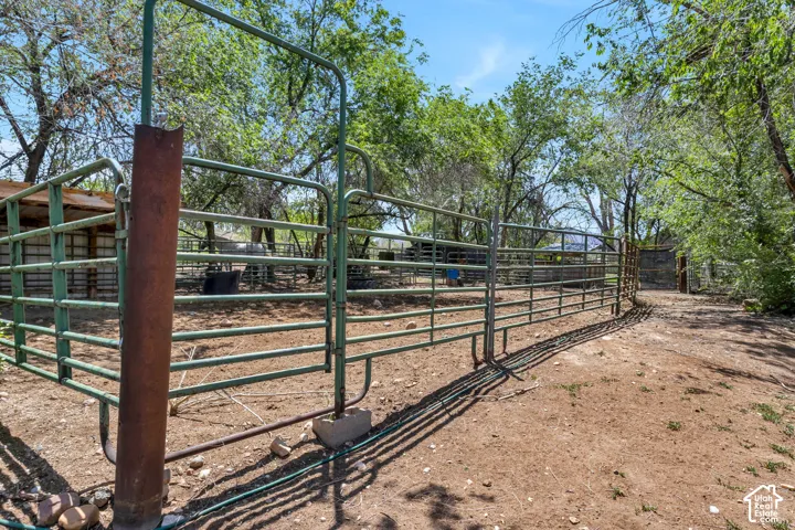 Enclosed paddock area featuring green metal fencing, a gate, and a partially visible covered structure