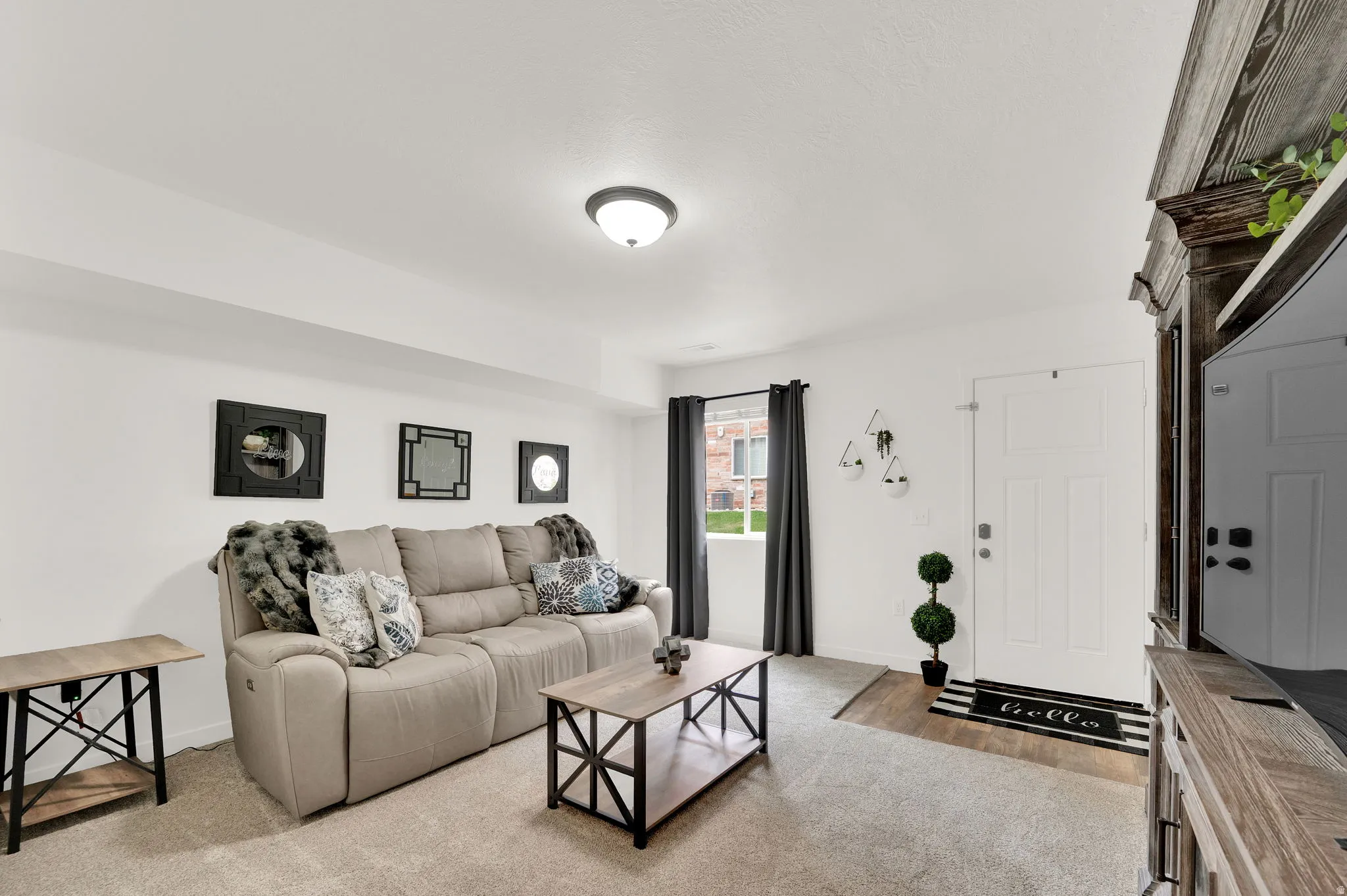 Living area featuring neutral wall tones, carpeted flooring, a white paneled entry door, and a window with dark drapery