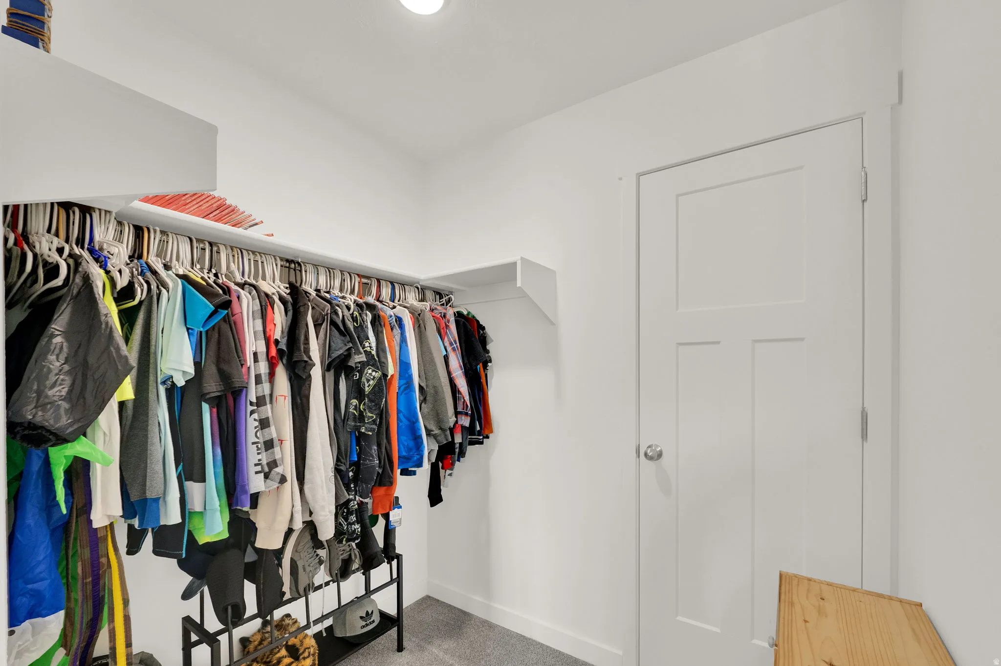 Walk-in closet featuring built-in shelving, hanging rods, recessed lighting, and carpet flooring