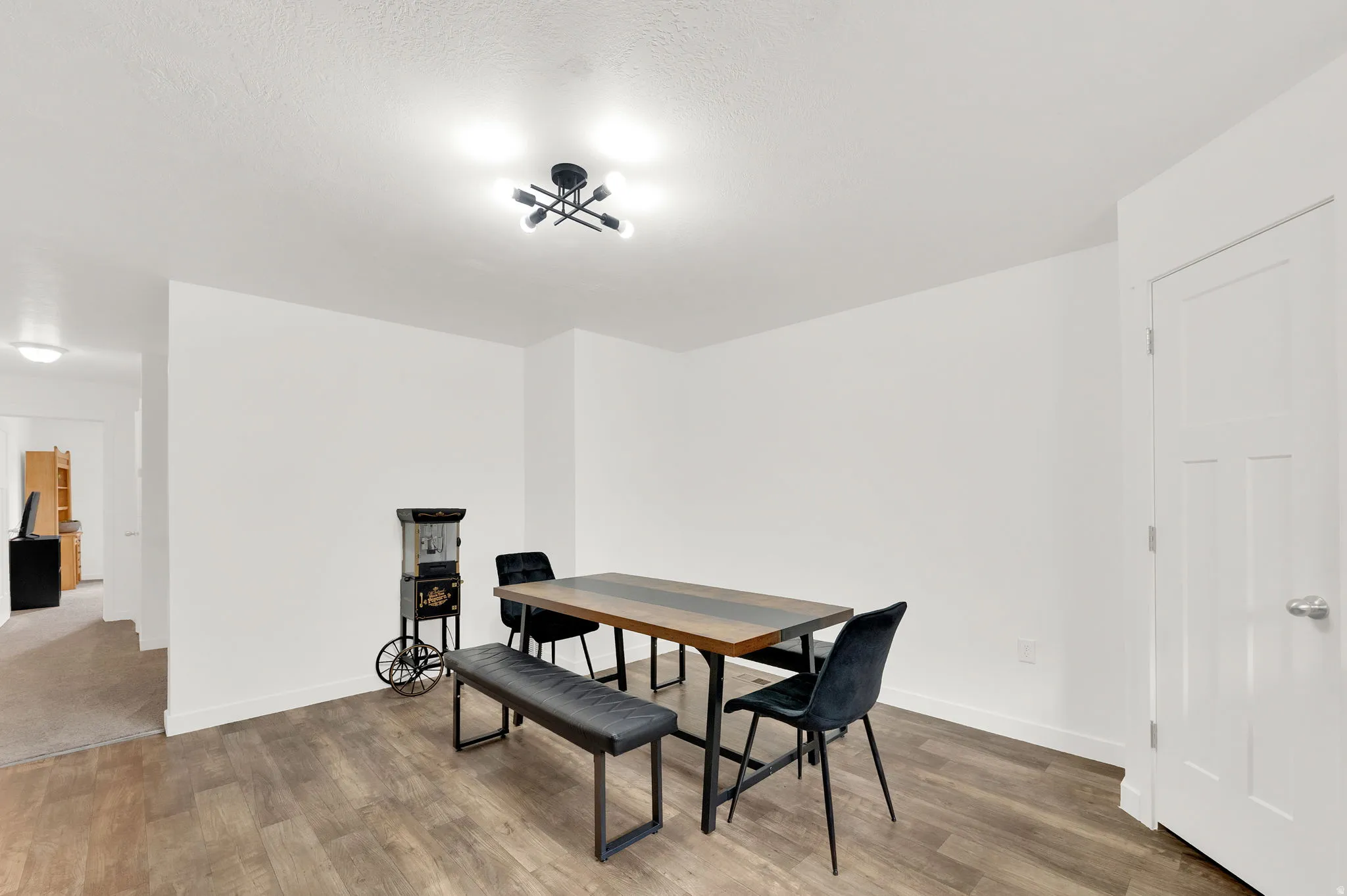 Spacious room featuring wood-finish flooring, crisp white walls, and a contemporary black ceiling light fixture