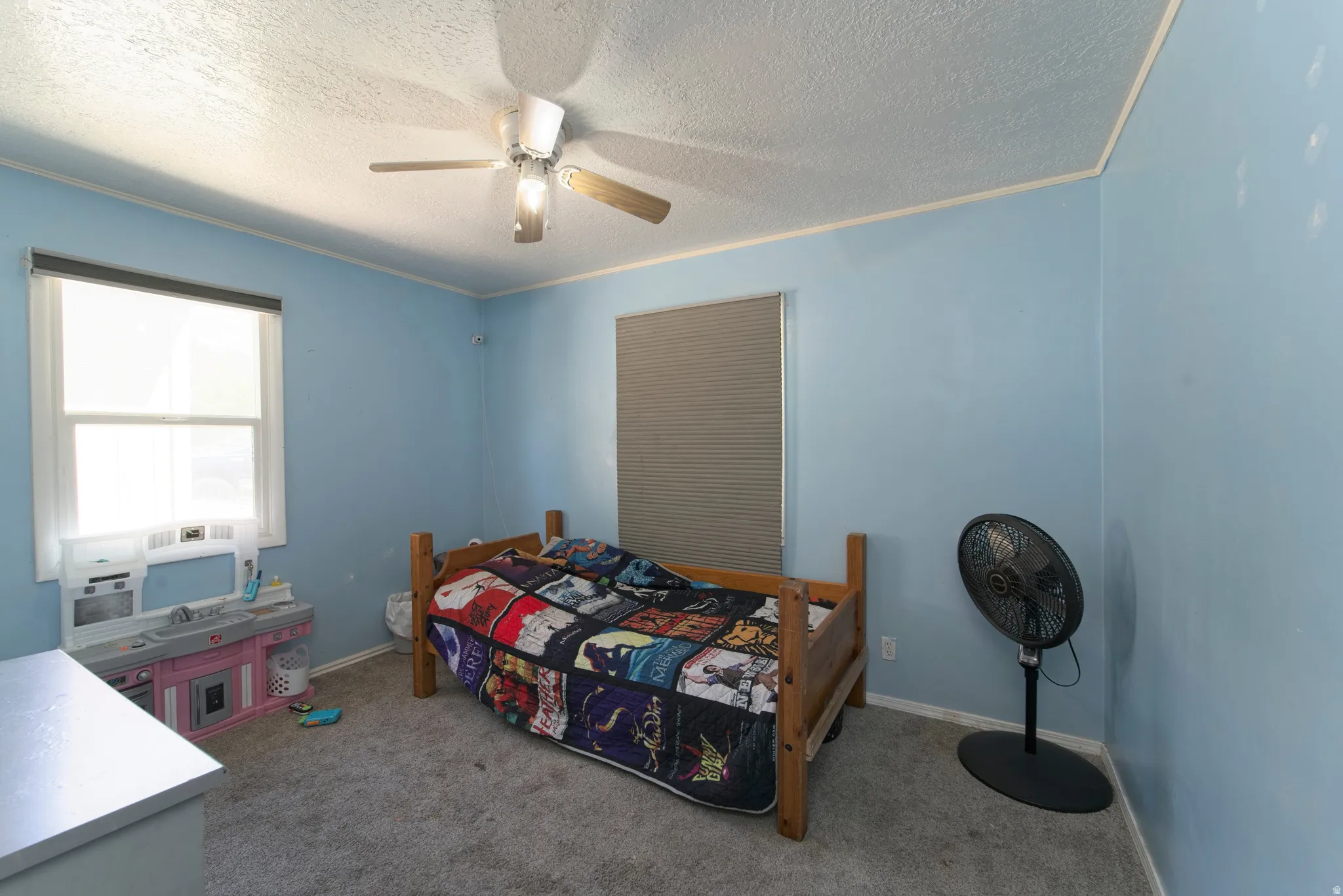 Carpeted room featuring a ceiling fan with light fixture, light blue painted walls, white trim, and a window with blinds