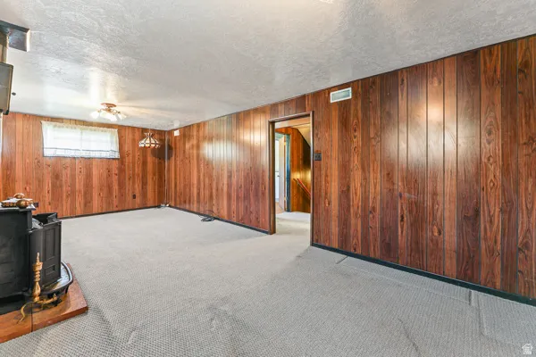 Room featuring wood paneling, light-toned carpet flooring, a window with a valance, and a ceiling-mounted light fixture