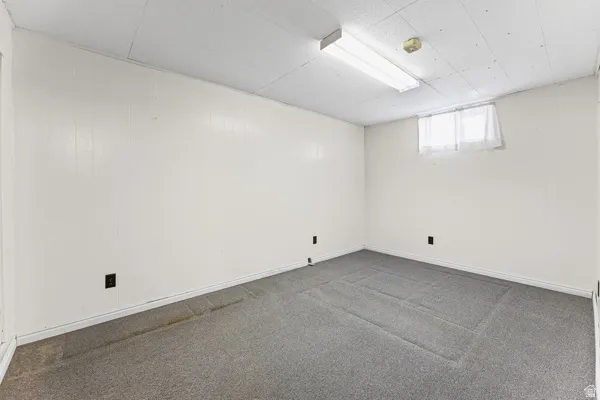 Carpeted room featuring white paneling walls and a drop ceiling with fluorescent lighting
