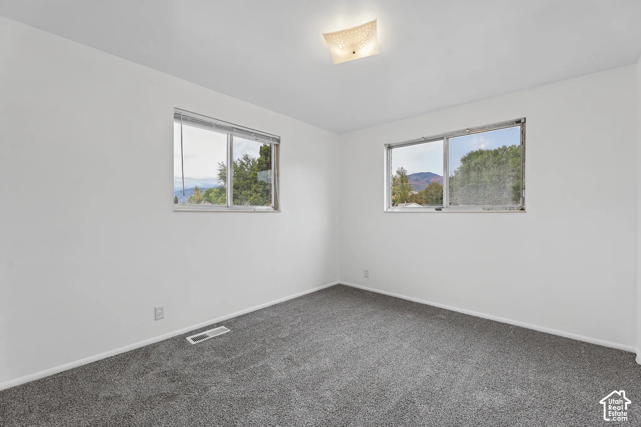 Bedroom 3 Neutral wall finishes, gray carpet, dual windows, and ceiling-mounted light fixture