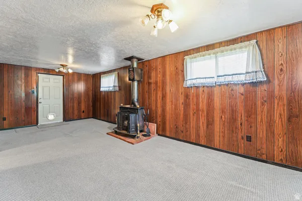Room featuring wood paneling, light gray carpeting, and a freestanding wood-burning stove on a raised hearth