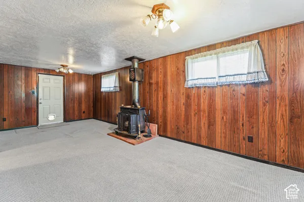 Room featuring wood paneling, light gray carpeting, and a freestanding wood-burning stove on a raised hearth