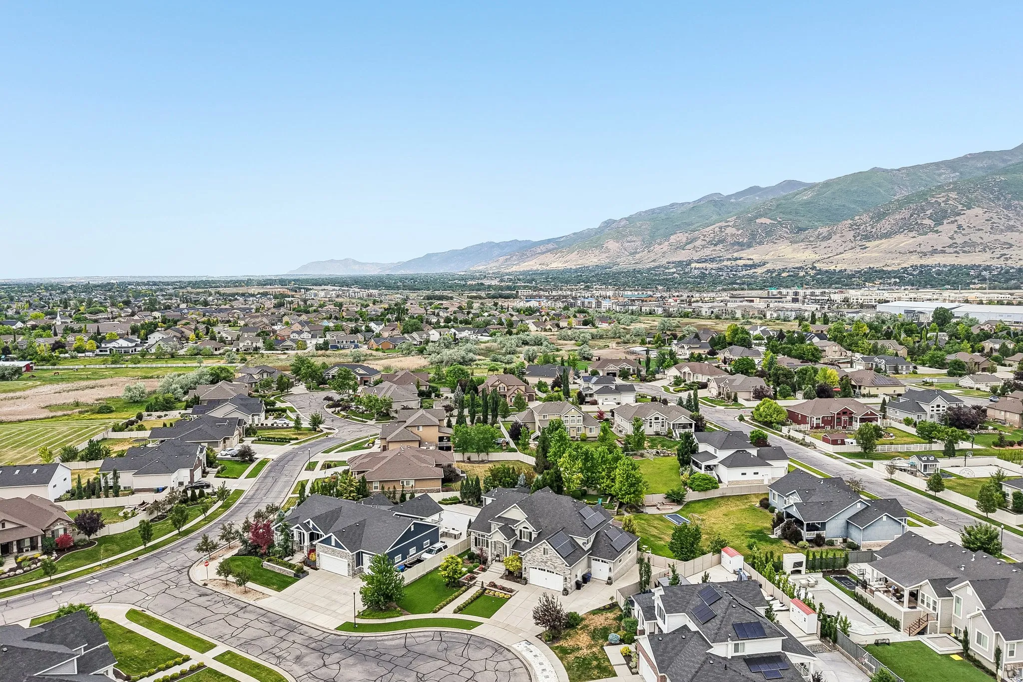 Aerial perspective showcasing a residential community with varied architectural styles