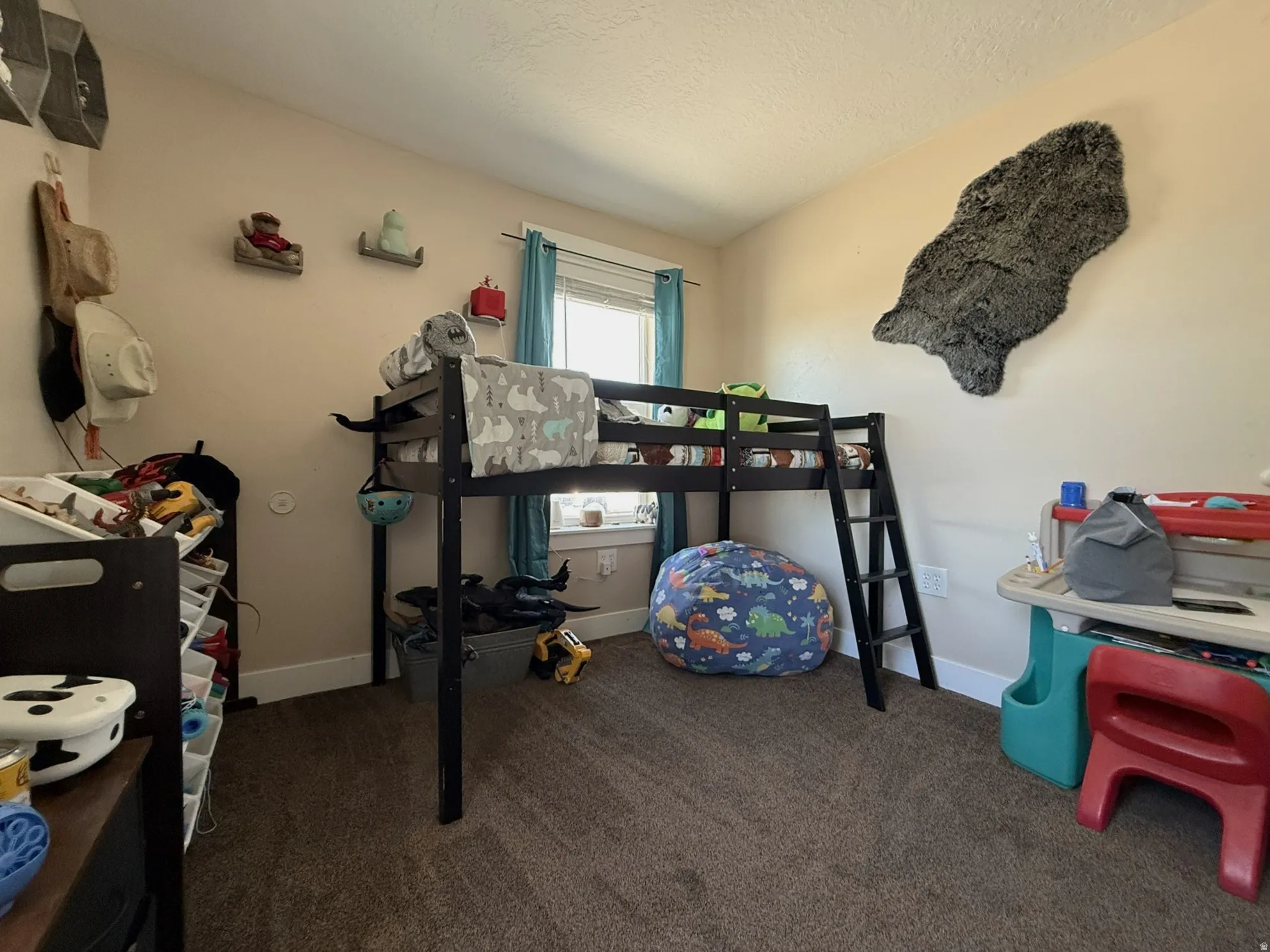 Carpeted room with neutral wall paint and a window featuring blue curtains