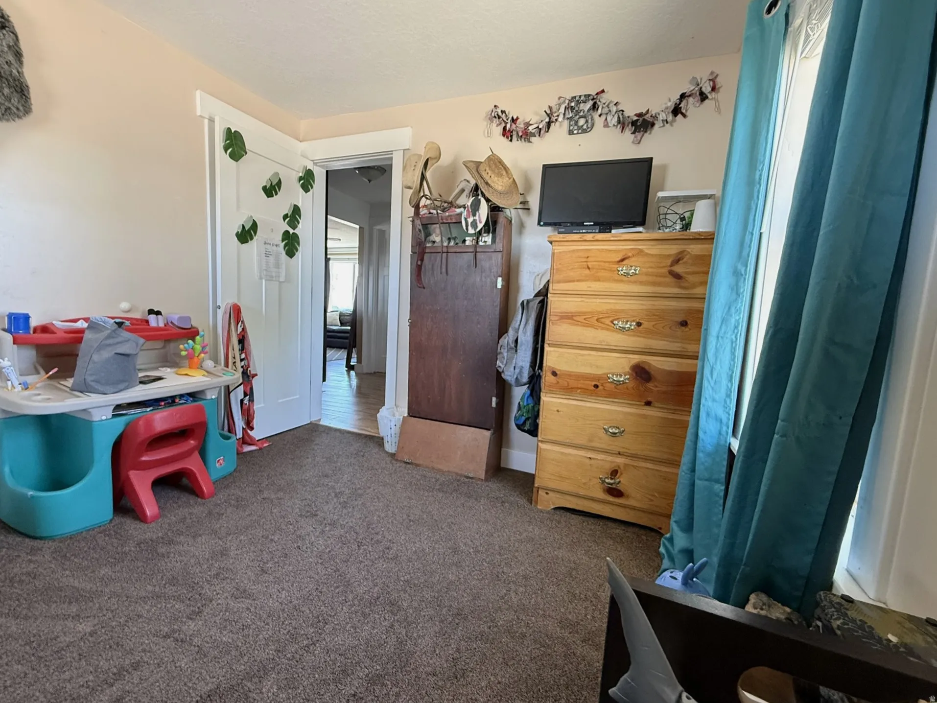 Carpeted room with a white paneled door frame and a window featuring light-colored trim