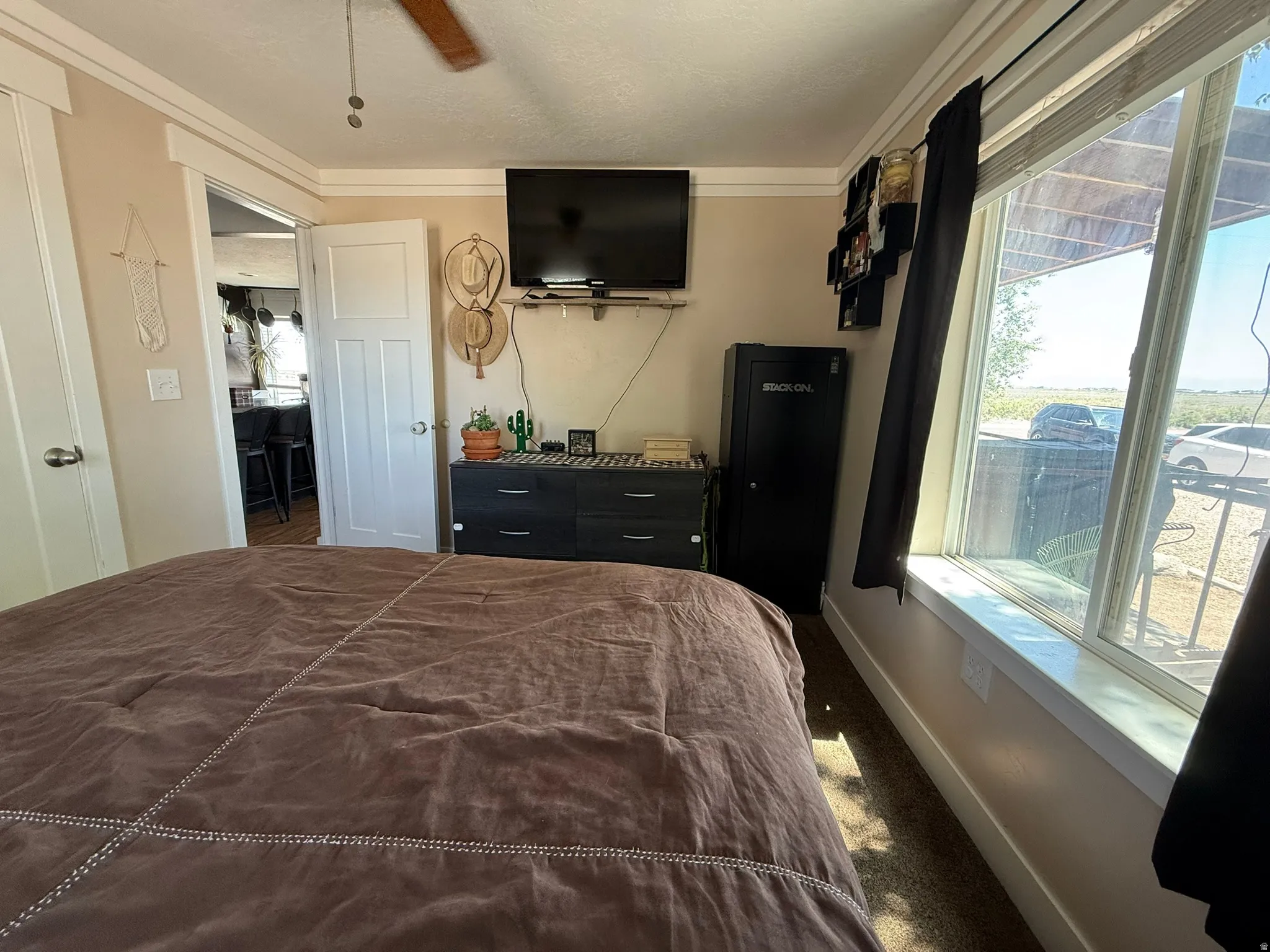 Carpeted room with a large window