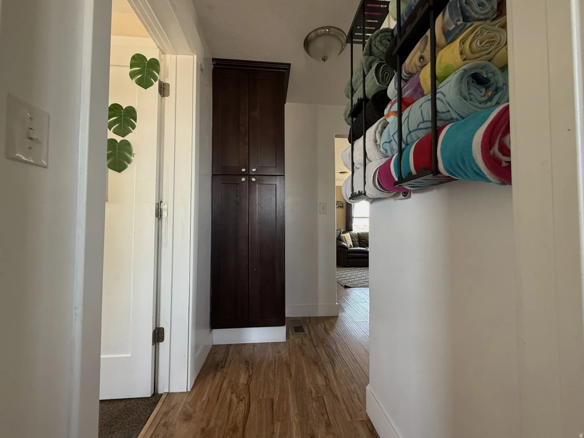Wood-finish flooring extending through the hallway, complemented by a tall, dark wood-finish storage cabinet with silver hardware