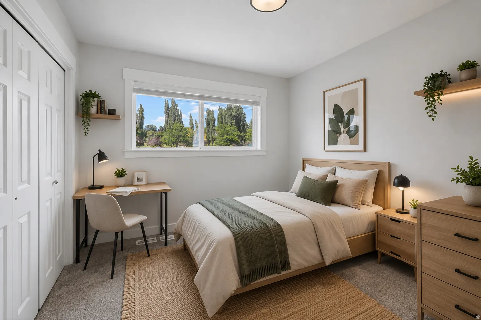 Bright room with a large window, light gray walls, built-in closet with bi-fold doors, and recessed ceiling light