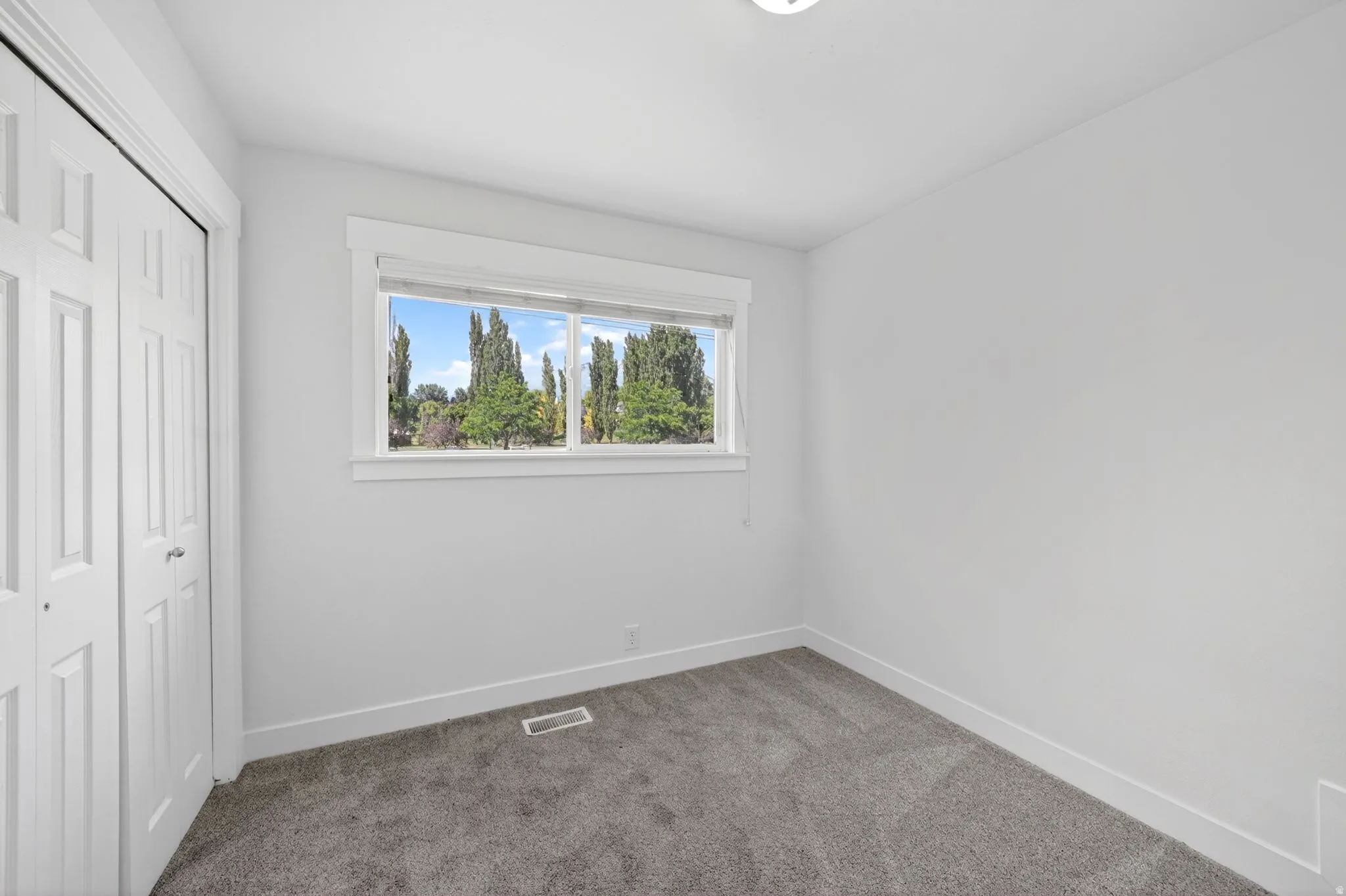 Light-filled room featuring a large window, plush gray carpeting, white walls, and a bi-fold closet door