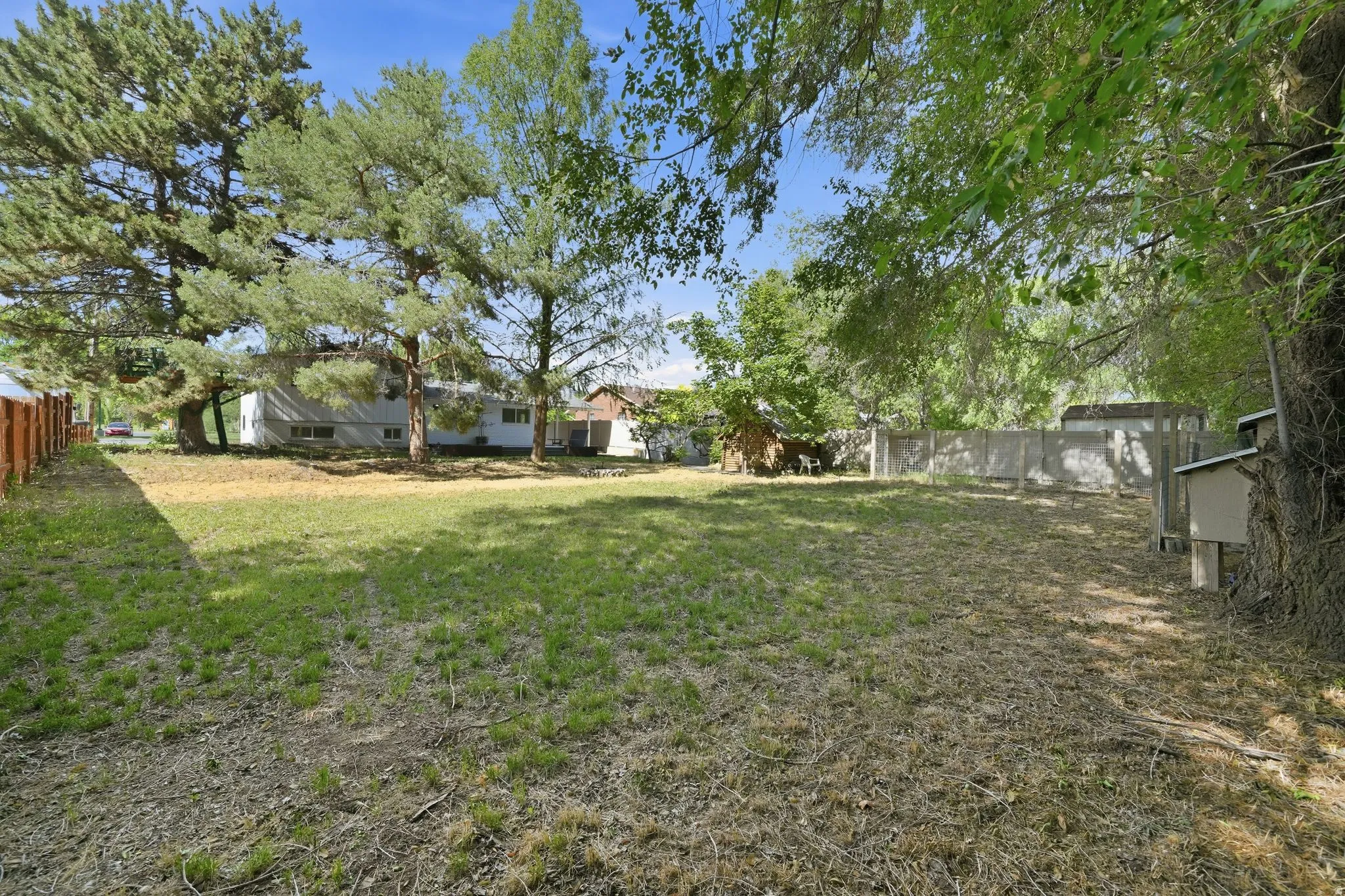 Expansive backyard featuring a lush lawn, mature trees, wood fence, and a concrete perimeter wall