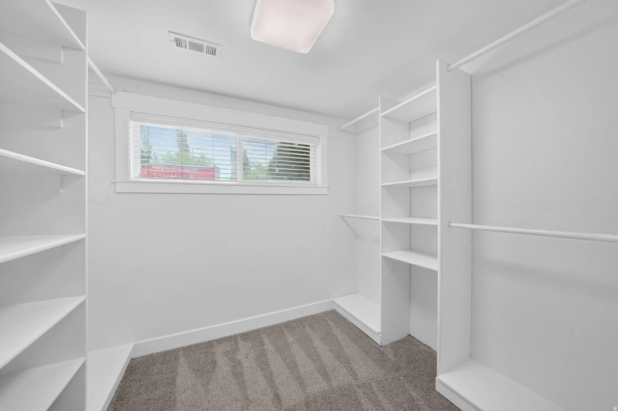 Walk-in closet featuring built-in shelving, hanging rods, an exterior window, window blinds, and gray patterned carpet